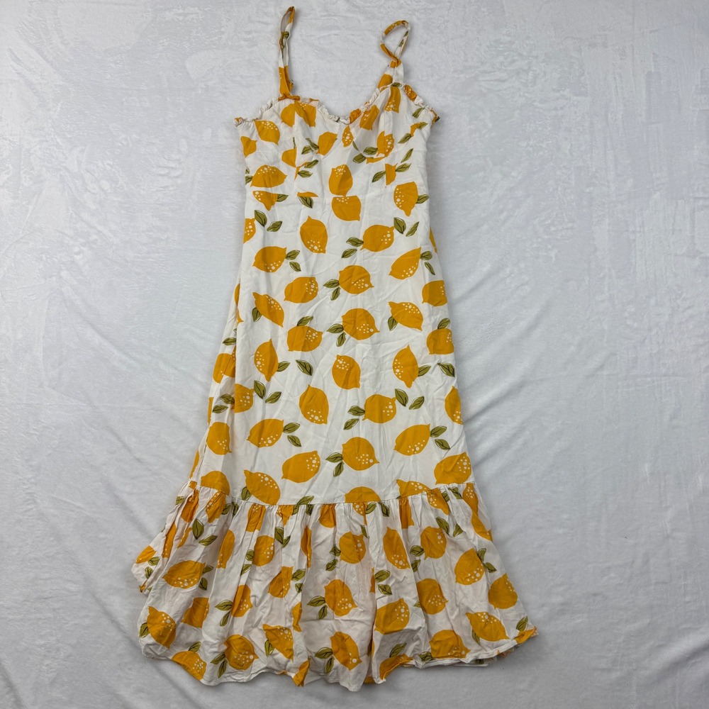 Code x Mode Womens Yellow Lemon Print Midi Dress Smocked Back Ruffle Hem Small